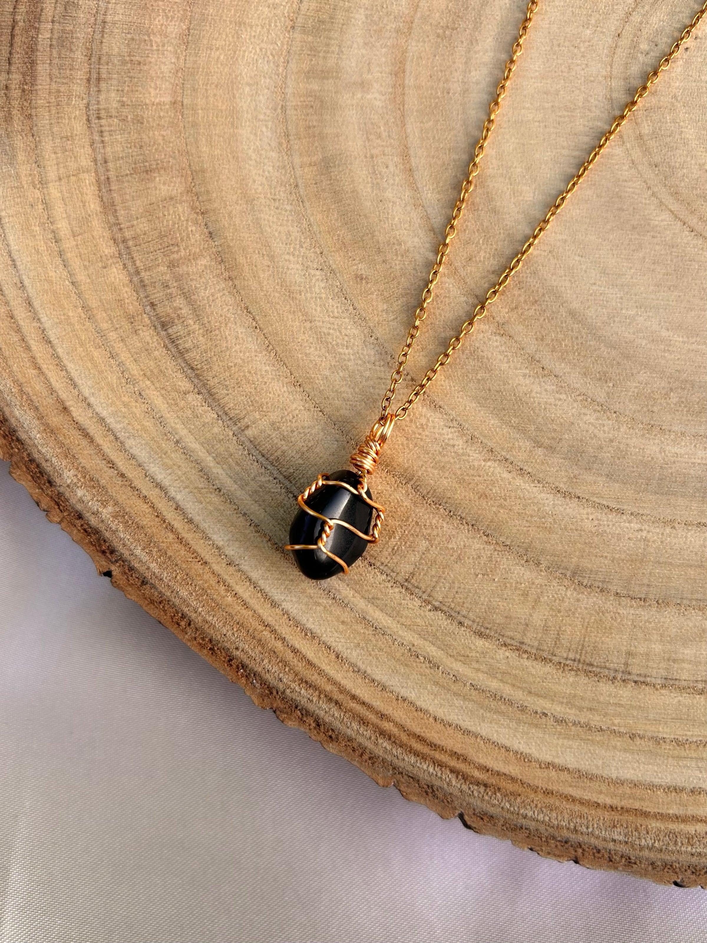 Black Obsidian Necklace - Handmade Wire Wrapped Crystal Pendant