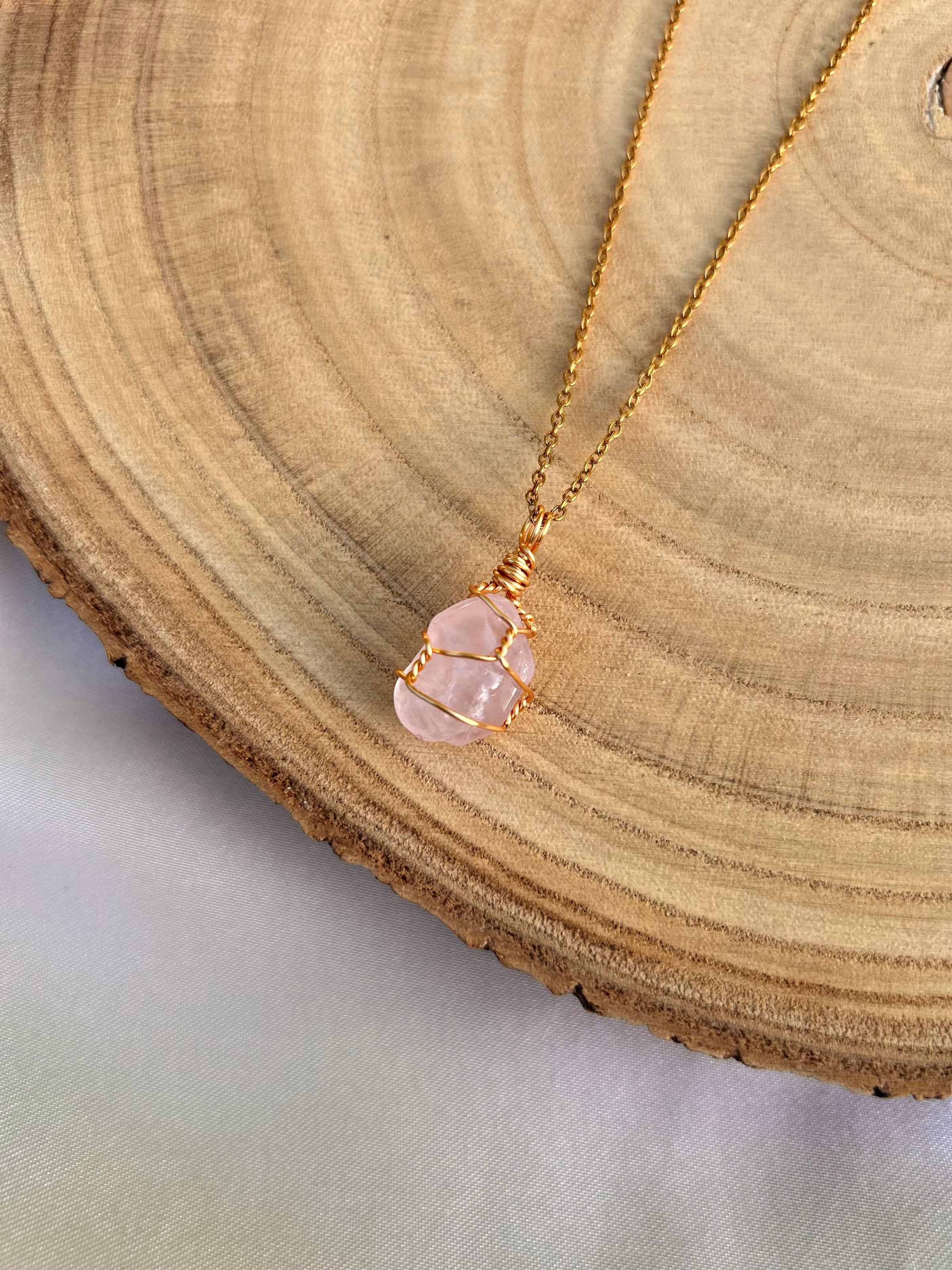 Rose Quartz Necklace - Handmade Wire Wrapped Crystal Pendant